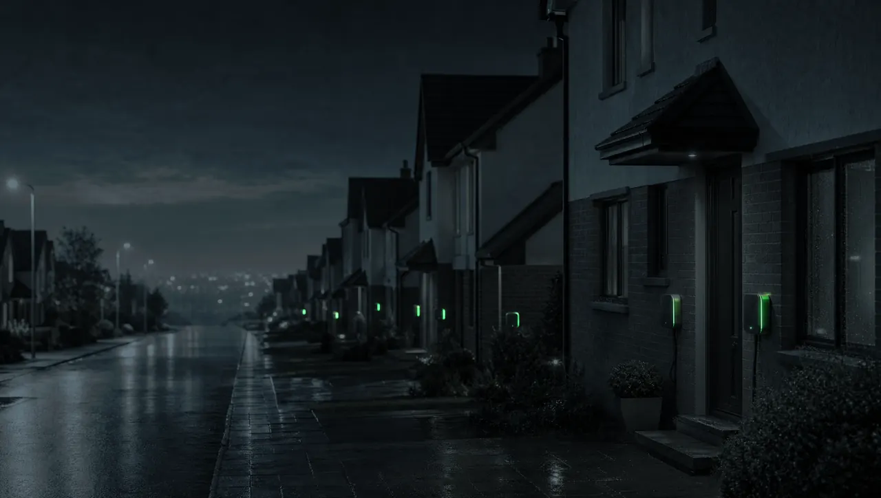 Concept render of a residential street at night, each house with a charger glowing green
